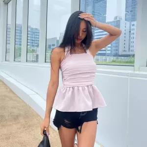 여자 여름 스모크밴딩 리본 홀터넥 셔링 프릴 뷔스티에_5