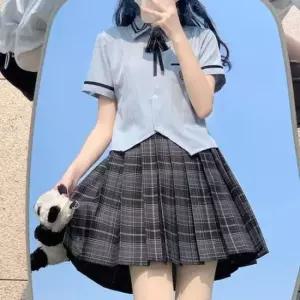 [SBD] 반팔셔츠 체크 교복몰 스카이블루 블라우스 블랙라인