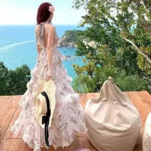 여성 원피스 바캉스 홀터넥 프린트 쉬폰 롱스커트 생일 데일룩 드레스 케이크 프렌치 DAOL1