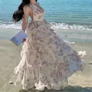 원피스 여성용 바캉스룩 케이크 장미원 데일룩 브이넥 홀터넥 프렌치 롱스커트 아침 프린트 쉬폰 이슬 DAOL