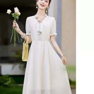 원피스 스커트 여름 브이넥 프론트 쉬폰 드레스 고급 여자쉬폰원피스 벌룬소메 스노우 세련 ible2