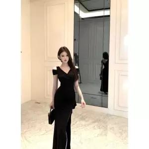 원피스 치마 하계 여자쉬폰원피스 트임 스텝 원 이브닝 오프숄더 드레스 ible2