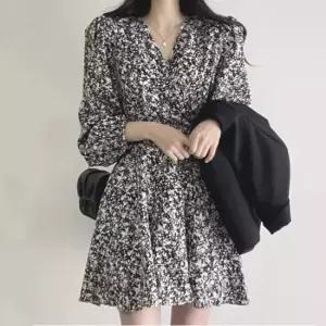 여성 데일리 스타일 플라워 랩 스타일 플레어 미니 원피스