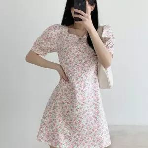 [제이0][제이0]플라워 나염 스퀘어넥 미니 반팔 원피스