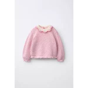 zara 자라 KNITTED JUMPER WITH CROCHET COLLAR - Pink
