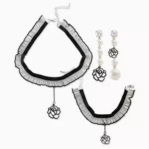 (목걸이+귀걸이+팔찌) (은침) 장미 레이스 초커 세트 꽃 플라워 입체꽃 롱