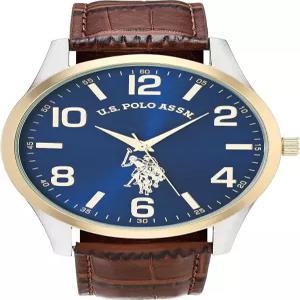 미국 폴로 어센. 블루 선레이 다이얼 골드 톤 베젤과 브라운 인조 가죽 스트랩이 있는 남성용 아날로그