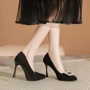 여사친 검정 스웨이드 스틸레토 힐 신발 가보시 프렌치 하이힐 단화 KS5