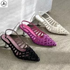 스틸레토 슬링백 메쉬 발편한 키높이 핑크 실버 힐 6cm