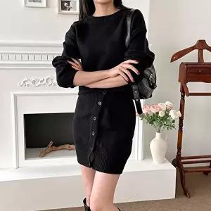 여성 미니 니트스커트 심플 니트티 투피스 세트 (HSJ-WFG2SG0)