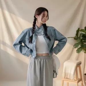 [하프클럽/옷자락]여성 봄 연청 하이넥 버튼 크롭 면자켓 피크닉룩