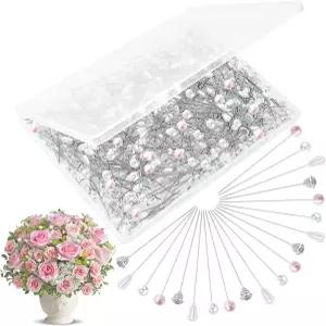 300PCS 4가지 스타일 꽃다발 핀 플라워 진주 머리 크리스탈 코사지 드레스메이킹 주얼리 장식 신부용