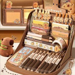 호환 21pcs capybara 학생 스쿨이 많은 연필 케이스 지우개 펜 스티커 노트 통치자 스티커 종이 클램프 f19e