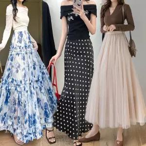 빅사이즈 44-88 봄 여름 결혼식하객패션 머메이드 도트 호피 망사 쉬폰 플라워 주름 롱 샤스커트
