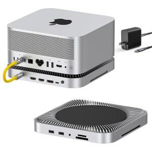 RayCue 맥 스튜디오용 10-in-1 80Gbps 도크 (M4 Max/M3 Ultra) 듀얼 SSD 베이 (최대 16TB), HDMI 2.1 2개, 디스플레이 포트 2.1, CFexpress 카드 리더기, 45W PD 입력, 하이파이 오디오, 정밀 알루미늄 디자인