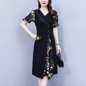 원피스 여성용 여름 시폰 정장 넥 빅사이즈 쉬폰 중년 통통 BE1