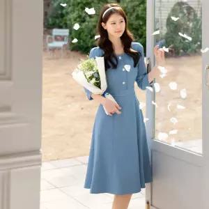 [시크라인] (~XXL까지) 브체레 스퀘어넥 데님 플레어 원피스 봄 나들이 하객룩 오피스룩 모임룩 격식룩 빅사이즈