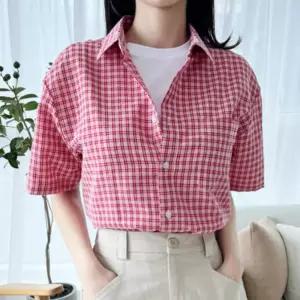 여성 여름 코튼 시어서커 오버핏 체크 반팔 남방 셔츠