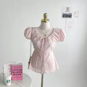 프릴 리본끈 뒷리본 핀턱셔링 퍼프 캡소매 블라우스 E380 모어리본핀턱BL