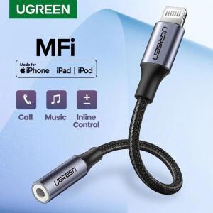 UGREEN MFi 번개 3.5mm 이어 버드 잭 어댑터 Aux 케이블 for iPhone 12 Pro Max 8 7 용 헤드폰 변환기