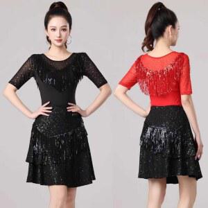 왈츠 라틴 라인 댄스 무대 시스루 댄스복 태슬 댄스스커트 4XL 빅사이즈 차밍 가을 세트