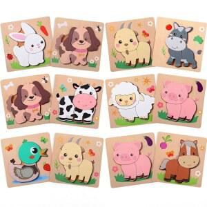 카포다 12 팩 농장 동물 나무 퍼즐 용 직쏘 소 양 돼지 등 소년 소녀 교실을 위한 몬테소리 유치원 학습 게임 교환 선물 파티 혜택