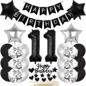 11번째 생일 장식 블랙 앤 실버 축하 배너 라텍스 색종이 조각 알루미늄 호일 풍선 번호 11개 세트 케이크