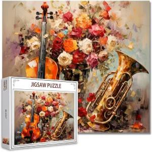 바이올린 트럼펫 아트 직소 퍼즐 1000개 어른용 도전적인 가족 활동 게임을 위한 꽃 악기 홈 데코 선물을