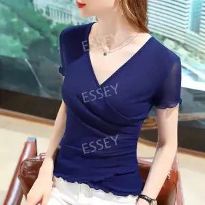 여성 보급형 반팔 네이비 데일리 라틴 S 댄스복 라인 티셔츠 상의 브이넥