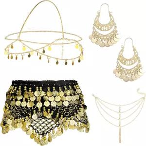 오라치오 4세트 여성용 벨리 댄스 액세서리 힙 스카프 랩 벨트 스몰 코인 헤어 체인 태슬 발찌 팔찌