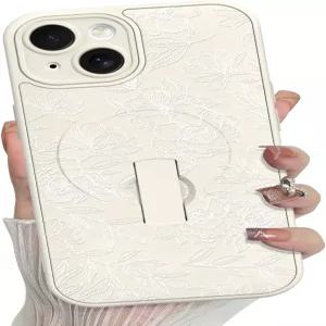 15 케이스용 MSELQ 실리콘 로즈 플라워 귀여운 패턴 MagSafe 지원 킥스탠드 손목밴드 카메라 보호 여아용