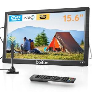 Boifun 15.6인치 휴대용 TV(안테나 포함) DVD 플레이어 내장 FM 라디오 5000mAh 배터리 HDMI 입력 지원 /USB /TF /AV 출력 다중 디스크 형식 캠핑 파티오 RV 주방용 소형 TV DVD 콤보 블랙