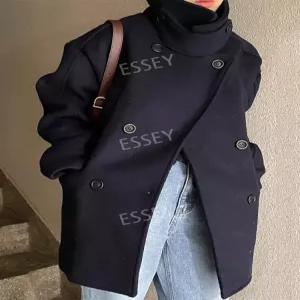 여성 코트 누빔 오버핏 겨울 피 루즈핏 울 하프 터틀넥 더블