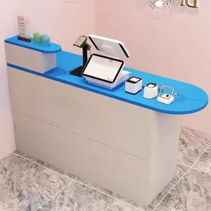 카운터가 있는 접수 데스크 잠금 서랍이 프런트 키보드 트레이가 접수실 테이블 상점 살롱 소매점 파란색