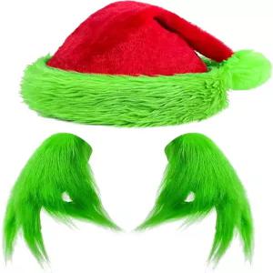 크리스마스 할로윈 코스프레 의상을 위한 블레스카이 그린 몬스터 털장갑 산타 모자 세트