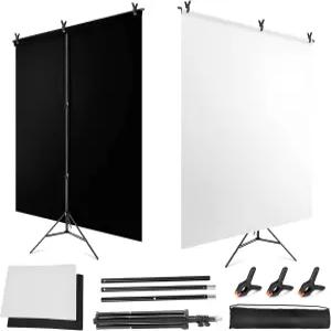 YUOCU 흰색 검은색 스크린 배경과 스탠드 키트 6.5x6.5ft T자형 지지대 흑백 크로마키 스트리밍 줌 사진