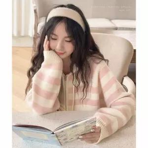 해외배송 파스텔 핑크 후드집업 스트라이프 니트 블루