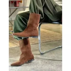 여친 청 웨스턴 양가죽 미들 플랫 와이드 스틸레토 슬림 펌프스 부츠 CH5