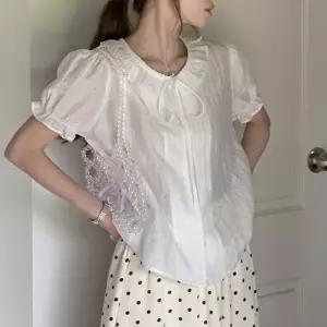 프릴 리본 블라우스 반팔 여름 여성 루즈핏 쉬폰 화이트 프릴넥 퍼프소매 러블리 오피스룩 데이트룩 나들이