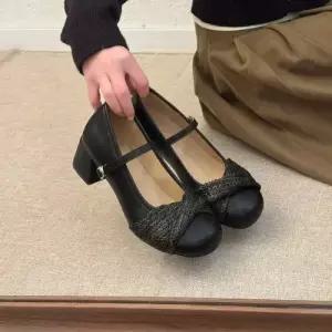 SMK 봄 빈티지 짜임 통굽 슈즈 스트랩힐 힐펌프스 둥근머리 연 프렌치 메리제인슈즈 여성신발 JEN1