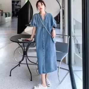 데님원피스 코튼 폴리 혼방 진청 연청 가오리핏 데님 롱원피스