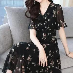 친절한탄씨 여성용 플라워 패턴 반팔 롱 원피스 데일리 휴양지룩 A라인 프릴 디테일 원피스 꽃무늬