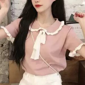 레이스 카라 리본 반팔 소매 배색 블라우스st 여친룩