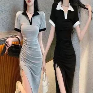 반팔 원피스 옆트임 글램 배색 셔링 롱 포인트 여자