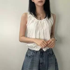 여성 리본 스트링 펀칭 블라우스 티 레이스 민소매 나시 프릴 여름 체크 2color