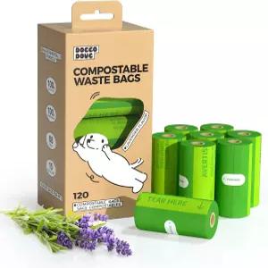 퇴비화 가능한 개 똥 봉투 20 더 두꺼운 생분해성 롤 누수 방지 라벤더 향 반려동물 배설물 옥수수