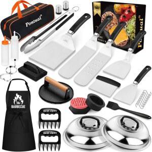 블랙스톤용 폰투알 31PCS 그리들 액세서리 키트, 멜팅 돔 2개 포함 플랫 탑 히바치 그릴 주걱 세트, 버거 프레스, 패티 메이커 및 에이프런, 야외 바비큐용 전문 테판야키 도구 선물