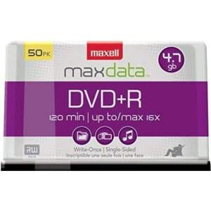 Maxell u2013 MAX639013, DVD-R 블랭크 디스크 - 4.7GB 저장 용량, 16배 쓰기 속도 - 대용량 파일 및 우수한 아카이브 수명을 위한 쓰기-원스 형식 - DVD/플레이어와 호환 - 50팩 스핀들 실버