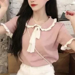 [SBD] 카라 레이스 반팔 배색 룩 리본 블라우스st 소매