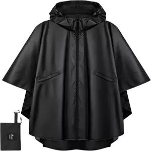 포켓과 지퍼가 달린 Pteromy 후드 레인 폰초 남녀용 방수 경량 레인코트